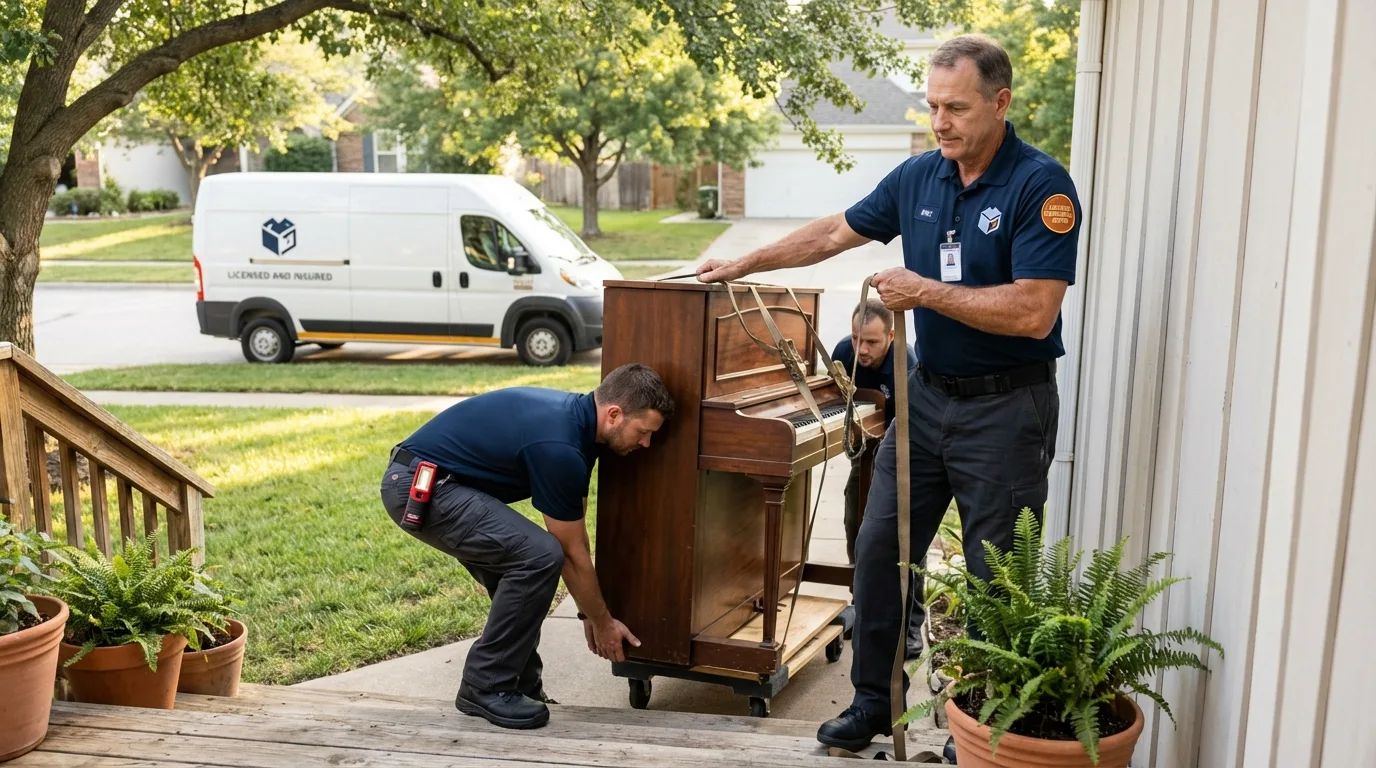 Licensed piano movers securing grand piano in Rushville, IL
