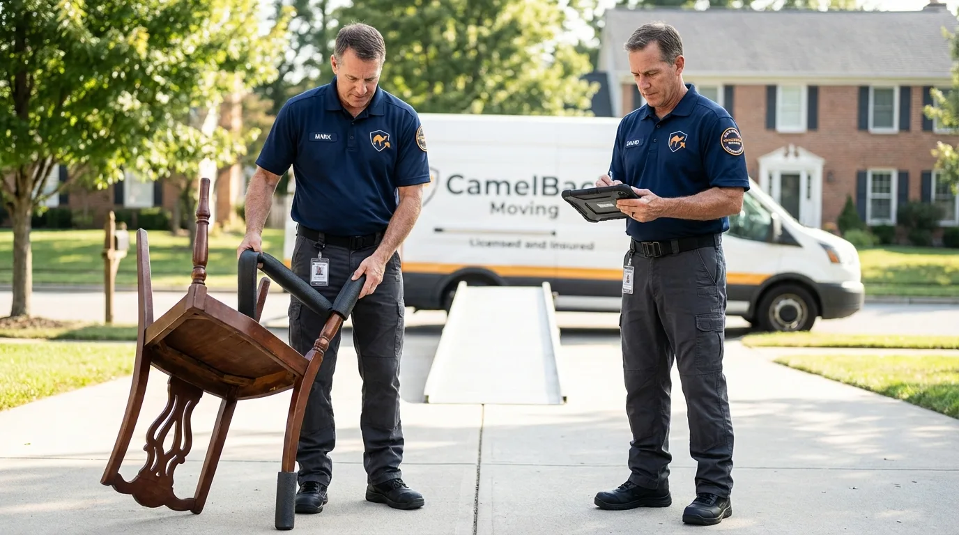 Movers inspecting furniture for damage prevention before loading in Rushville, IL