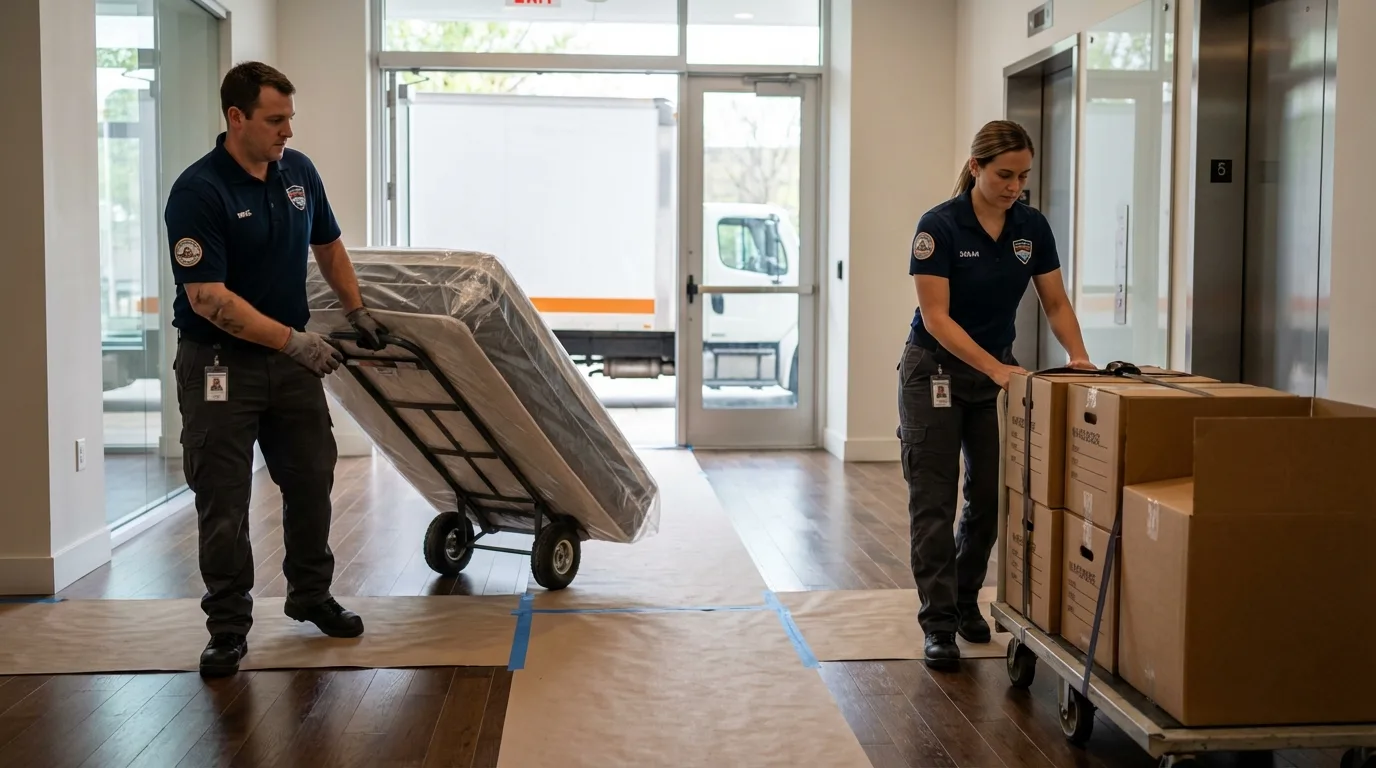 Professional apartment movers loading elevator in Rushville, IL