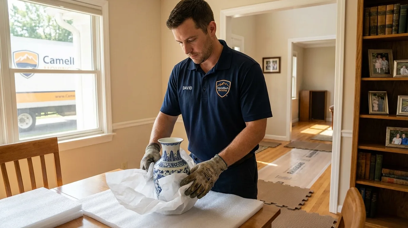 Professional crew carefully wrapping antique vase for senior downsizing move in Rushville, IL