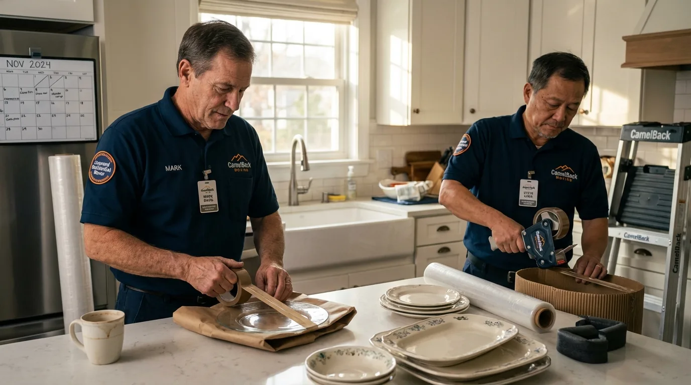 Professional crew packing kitchen dishware in Rushville, IL